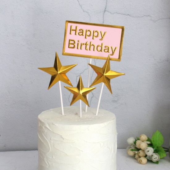 Imagen de Papel Cupcake Picks Toppers Rosa & Dorado Rectángulo Estrellas de cinco puntos Mensaje " Feliz Cumpleaños " 1 Juego ( 4 Unidades/Juego)