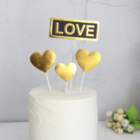 Picture of Paper Cupcake Picks Toppers Black & Gold Rectangle Heart Message " LOVE " 1 Set ( 4 PCs/Set)