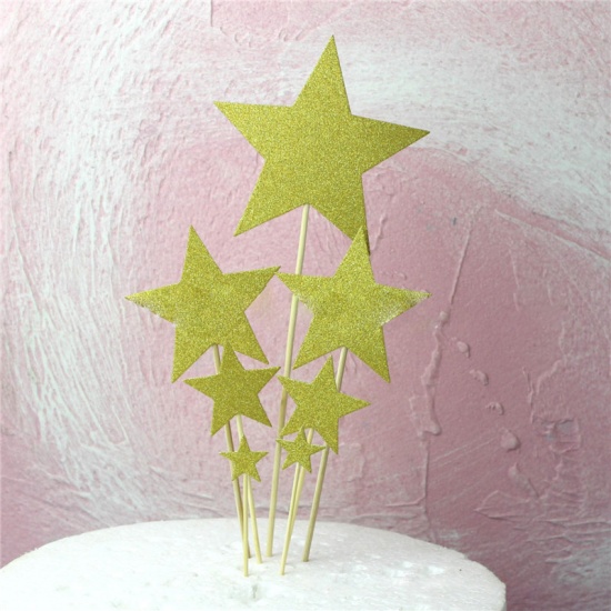 Picture of Paper Cupcake Picks Toppers Golden Pentagram Star Glitter 1 Set ( 7 PCs/Set)
