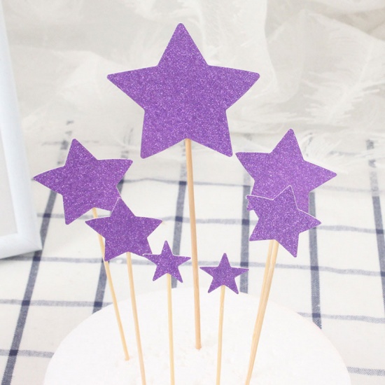 Picture of Paper Cupcake Picks Toppers Purple Pentagram Star Glitter 19cm x 7cm - 13cm x 2cm, 1 Set ( 7 PCs/Set)