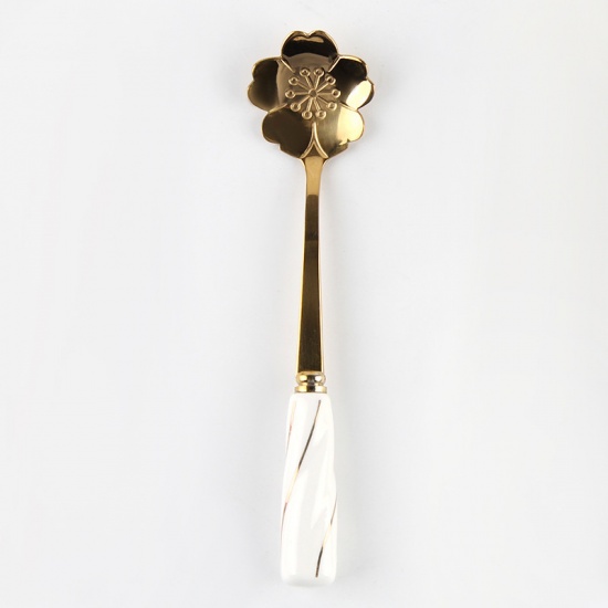 Picture of Stainless Steel & Ceramic Spoon Tableware Sakura Flower Gold Plated White 12cm, 1 Piece