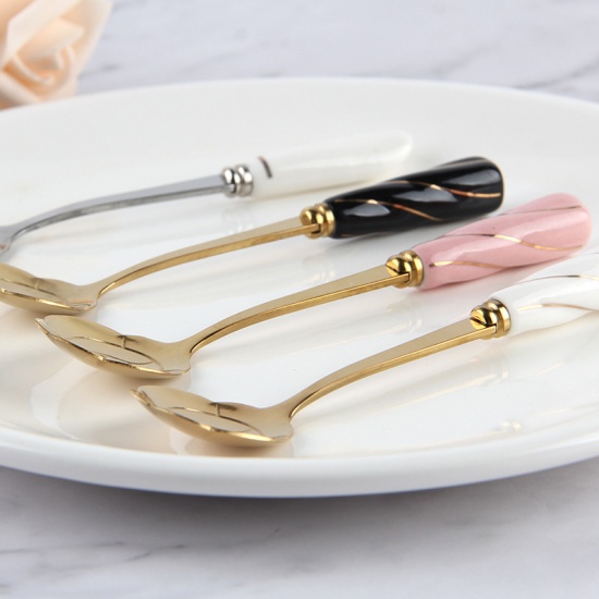 Picture of Stainless Steel & Ceramic Spoon Tableware Sakura Flower Gold Plated White 12cm, 1 Piece