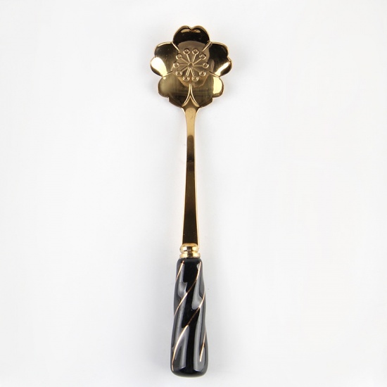 Picture of Stainless Steel & Ceramic Spoon Tableware Sakura Flower Gold Plated Black 12cm, 1 Piece