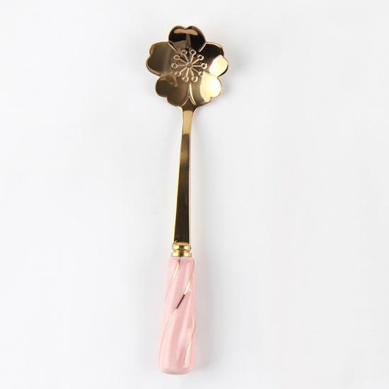 Image de Cuillère  en Acier Inoxydable & Céramique Fleur Sakura Doré Rose 12cm, 1 Pièce