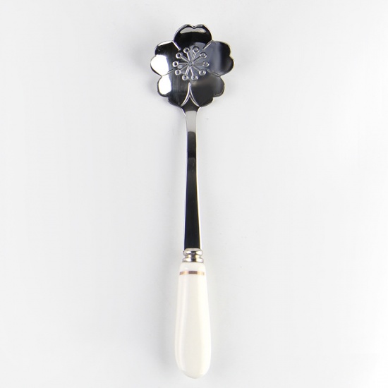 Picture of Stainless Steel & Ceramic Spoon Tableware Sakura Flower Silver Tone White 12cm, 1 Piece