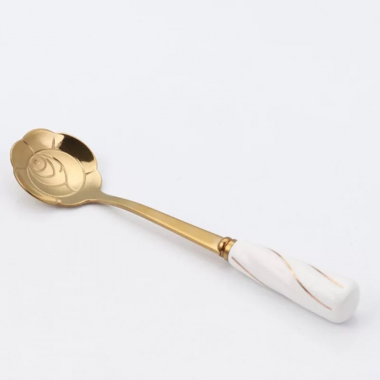 Picture of Stainless Steel & Ceramic Spoon Tableware Rose Flower Gold Plated White 12cm, 1 Piece