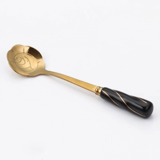 Picture of Stainless Steel & Ceramic Spoon Tableware Rose Flower Gold Plated Black 12cm, 1 Piece