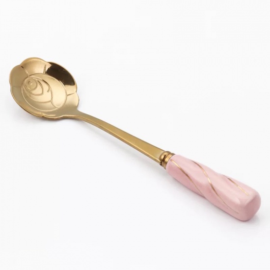Picture of Stainless Steel & Ceramic Spoon Tableware Rose Flower Gold Plated Pink 12cm, 1 Piece