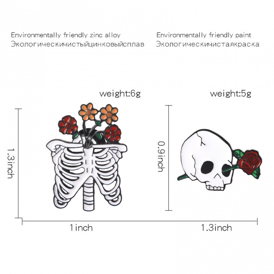 Picture of Pin Brooches Skeleton Skull Rose Flower Multicolor 33mm x 28mm, 1 Piece