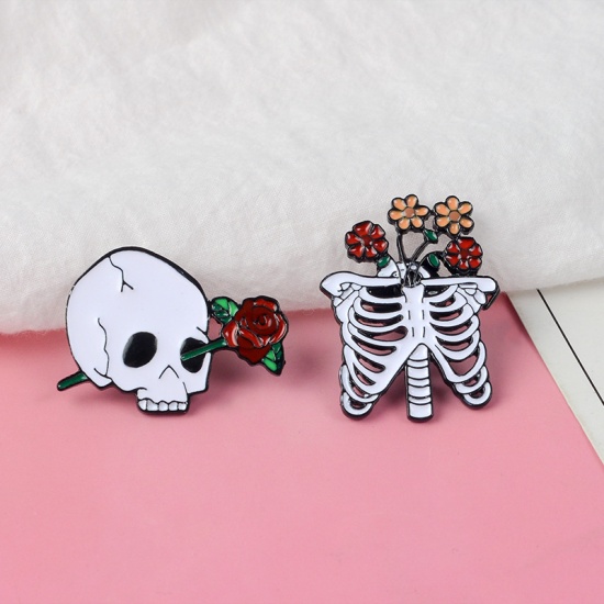 Picture of Pin Brooches Skeleton Skull Rose Flower Multicolor 33mm x 28mm, 1 Piece