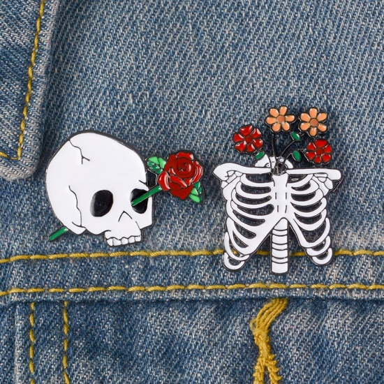 Picture of Pin Brooches Skull Rose Flower Multicolor 33mm x 23mm, 1 Piece