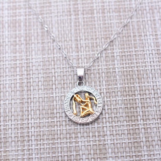 Picture of Necklace Gold Plated & Silver Tone Circle Ring Aquarius Sign Of Zodiac Constellations 50cm(19 5/8") long, 1 Piece