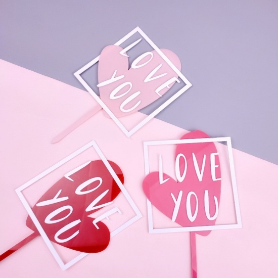 Picture of Acrylic Cupcake Picks Toppers Pink Square Heart Message " I Love you " 85mm, 1 Piece