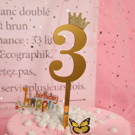 Picture of Acrylic Cupcake Picks Toppers Golden Number Message " 3 " 18.5cm x 6cm, 1 Piece