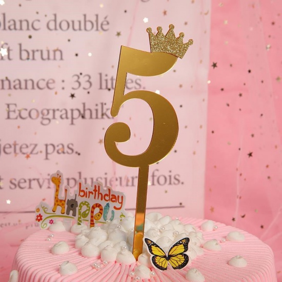 Picture of Acrylic Cupcake Picks Toppers Golden Number Message " 5 " 18.5cm x 6cm, 1 Piece