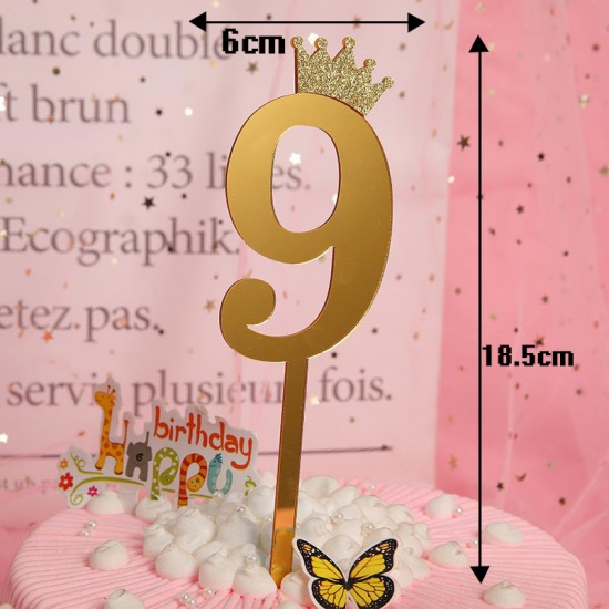 Picture of Acrylic Cupcake Picks Toppers Golden Number Message " 9 " 18.5cm x 6cm, 1 Piece