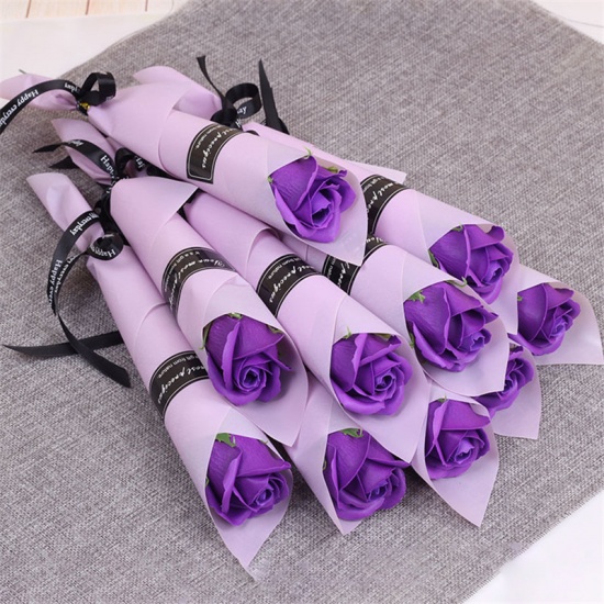 石鹸 人工花 バラ 紫 27-28cm、 1 本 の画像