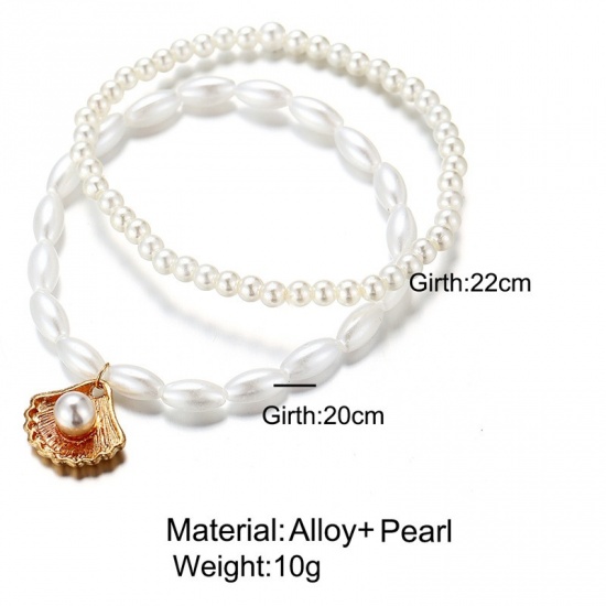 Picture of Anklet Gold Plated White Scallop Imitation Pearl 22cm(8 5/8") 20cm(7 7/8") long, 1 Set ( 2 PCs/Set)