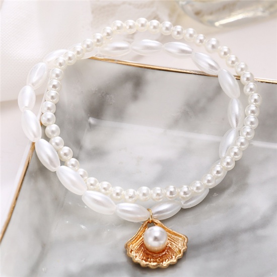 Picture of Anklet Gold Plated White Scallop Imitation Pearl 22cm(8 5/8") 20cm(7 7/8") long, 1 Set ( 2 PCs/Set)