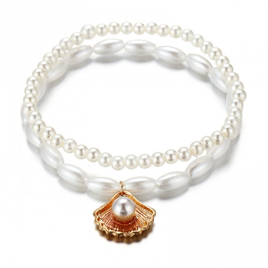 Picture of Anklet Gold Plated White Scallop Imitation Pearl 22cm(8 5/8") 20cm(7 7/8") long, 1 Set ( 2 PCs/Set)