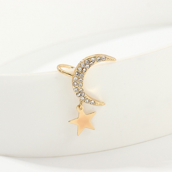 Picture of Ear Cuffs Clip Wrap Earrings Gold Plated Half Moon Star Clear Rhinestone 30mm x 19mm, 1 Piece