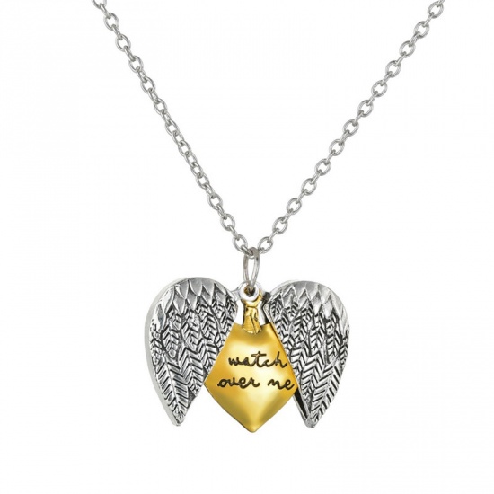 Picture of Necklace Antique Silver Color Heart Wing Hidden Message " watch over me " Can Open 64cm(25 2/8") long, 1 Piece