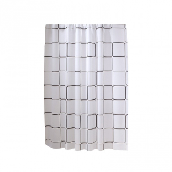 PEVA シャワーカーテン 黒 + 白 長方形 格子柄 防カビ防水 220cmx 180cm、 1 個 の画像