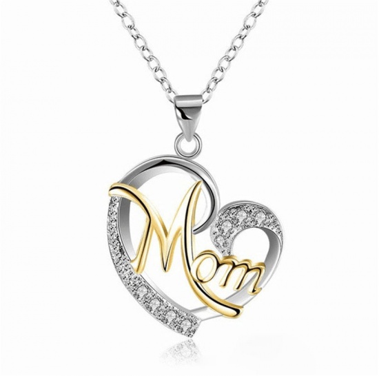 Imagen de Día De La Madre Collares Oro Plateado & Tono Plata Corazón Mensaje " Mom " Transparente Rhinestone 45cm longitud, 1 Unidad