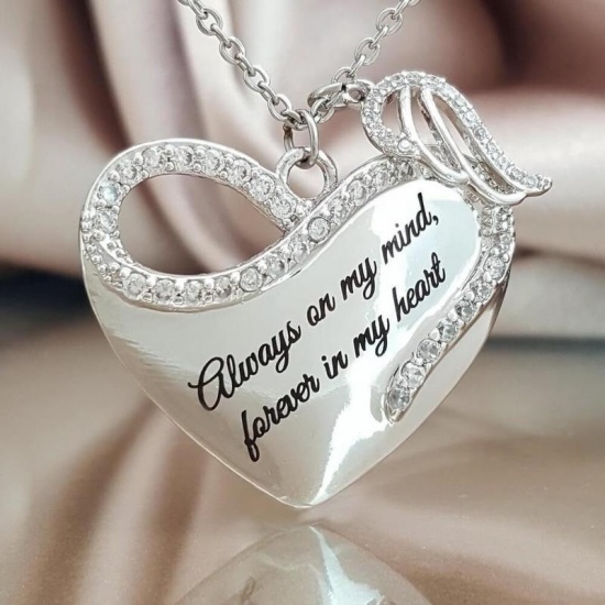 Picture of Necklace Silver Tone Black Heart Wing Message " Always on my mind forever in my heart " Clear Rhinestone 1 Piece