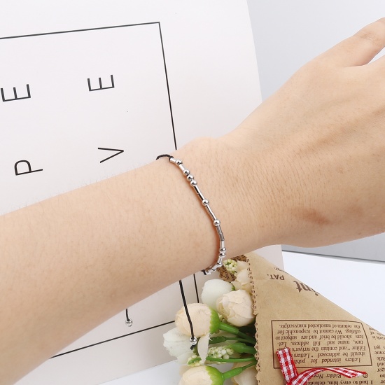 Picture of Morse Code Charm Beads Bracelets Valentines Friendship Bracelets String Adjustable Gift for Women Men Jewellery Silver Tone Black, 1 Piece