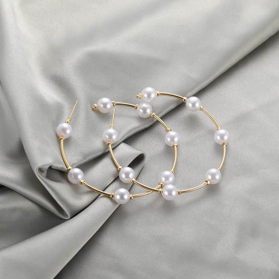 Picture of Hoop Earrings Gold Plated White Imitation Pearl Circle Ring 6.3cm Dia, 1 Pair