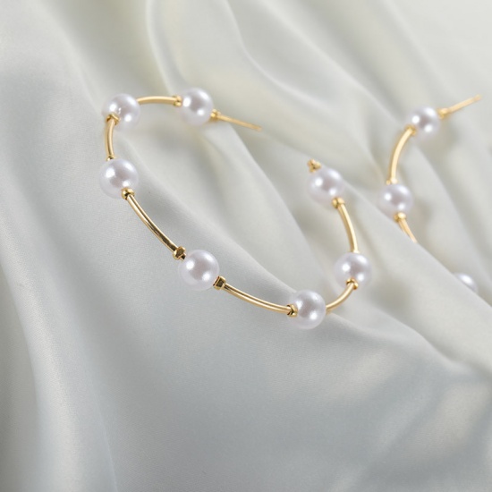 Picture of Hoop Earrings Gold Plated White Imitation Pearl Circle Ring 6.3cm Dia, 1 Pair