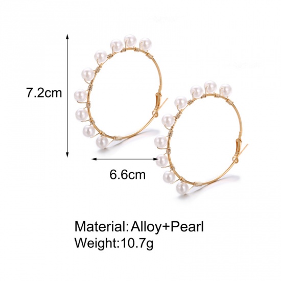 Picture of Hoop Earrings Gold Plated White Imitation Pearl Circle Ring 75mm x 66mm, 1 Pair