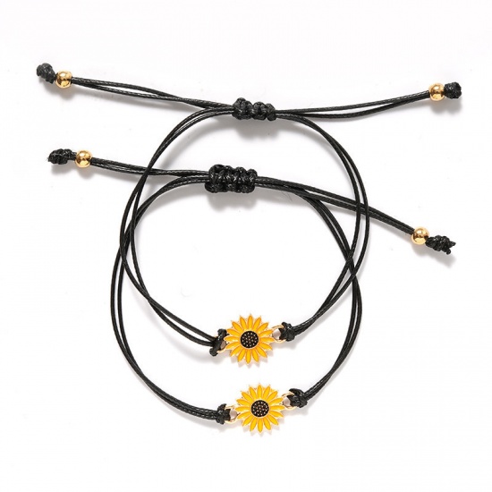Picture of Bracelet Set Black & Yellow Sunflower Adjustable 30cm(11 6/8") long, 1 Set ( 2 PCs/Set)