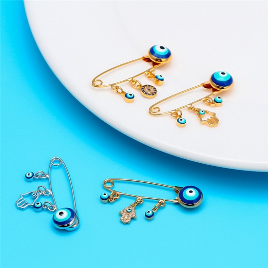 Picture of Pin Brooches Evil Eye Hand Palm Gold Plated Multicolor Enamel Clear Rhinestone 39mm x 11mm, 1 Piece