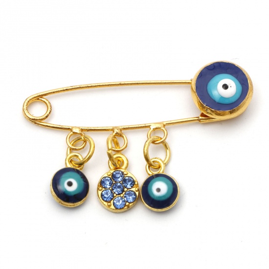 Picture of Pin Brooches Evil Eye Gold Plated Multicolor Enamel Clear & Blue Rhinestone 39mm x 11mm, 1 Piece