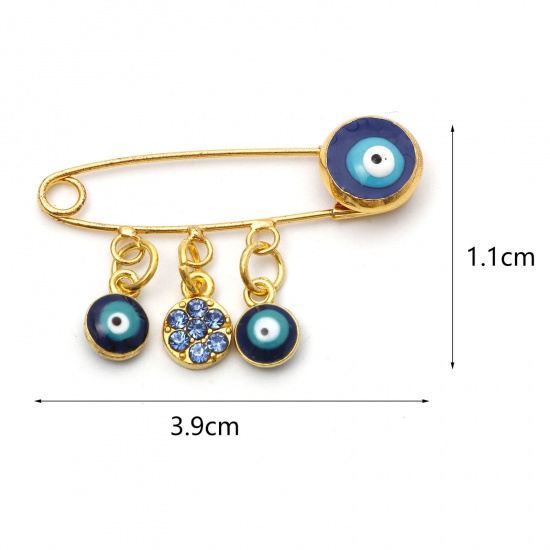 Picture of Pin Brooches Evil Eye Gold Plated Multicolor Enamel Clear & Blue Rhinestone 39mm x 11mm, 1 Piece