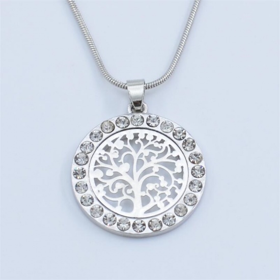Picture of Necklace Silver Tone Round Tree of Life Clear Rhinestone 45cm(17 6/8") long, 1 Piece
