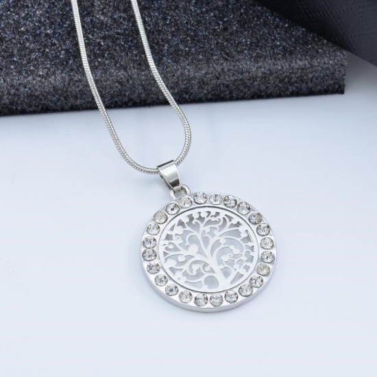 Picture of Necklace Silver Tone Round Tree of Life Clear Rhinestone 45cm(17 6/8") long, 1 Piece