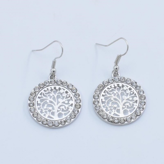 Picture of Earrings Silver Tone Round Tree of Life Clear Rhinestone 25mm Dia., 1 Pair