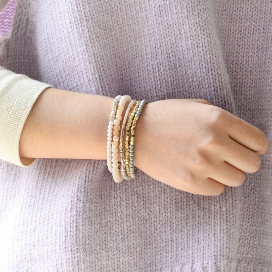 Picture of Crystal ( Natural ) Dainty Bracelets Delicate Bracelets Beaded Bracelet Gold Plated Pale Yellow Elastic 18cm(7 1/8") long, 1 Piece