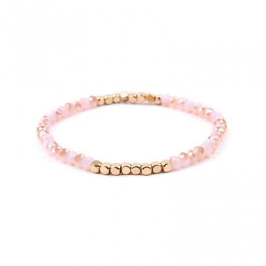 Picture of Crystal ( Natural ) Dainty Bracelets Delicate Bracelets Beaded Bracelet Gold Plated Light Pink Elastic 18cm(7 1/8") long, 1 Piece