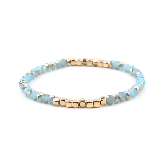Picture of Crystal ( Natural ) Dainty Bracelets Delicate Bracelets Beaded Bracelet Gold Plated Blue Elastic 18cm(7 1/8") long, 1 Piece