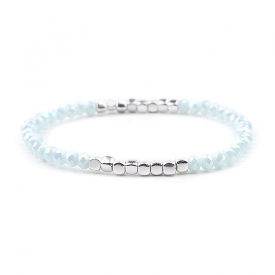 Picture of Crystal ( Natural ) Dainty Bracelets Delicate Bracelets Beaded Bracelet Silver Light Blue Elastic 18cm(7 1/8") long, 1 Piece
