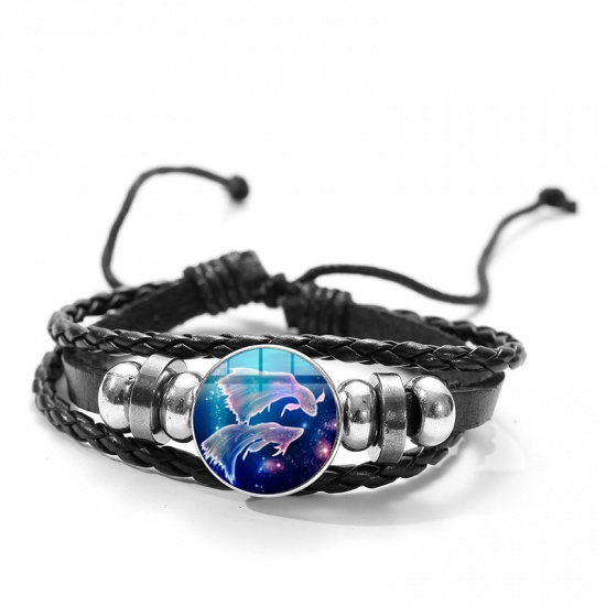 Picture of Faux Leather Snap Button Braided Bracelets Black Pisces Sign Of Zodiac Constellations Adjustable 20cm(7 7/8") long, 1 Piece