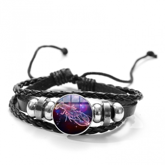 Picture of Faux Leather Snap Button Braided Bracelets Black Cancer Sign Of Zodiac Constellations Adjustable 20cm(7 7/8") long, 1 Piece