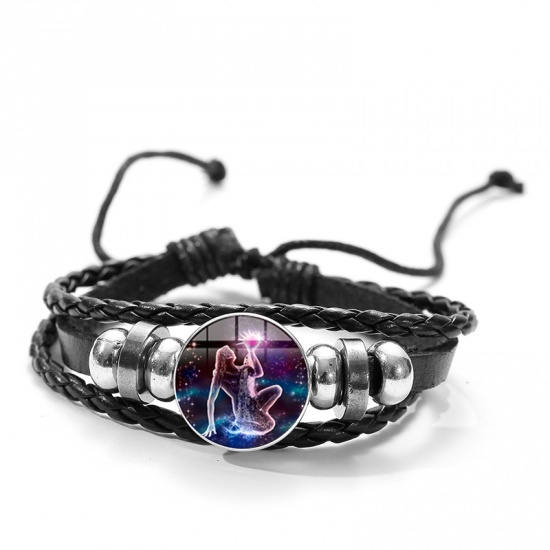 Picture of Snap Button Braided Bracelets Black Aquarius Sign Of Zodiac Constellations Adjustable 20cm(7 7/8") long, 1 Piece