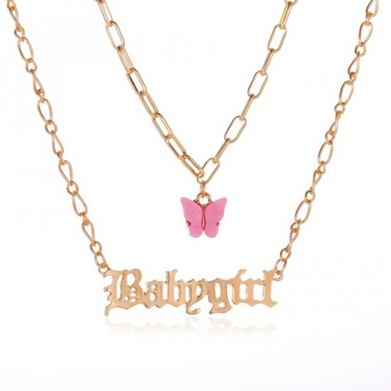 Picture of Link Chain Multilayer Layered Necklace Gold Plated Purple Butterfly Animal Message " Baby Girl " 40cm(15 6/8") long, 1 Piece