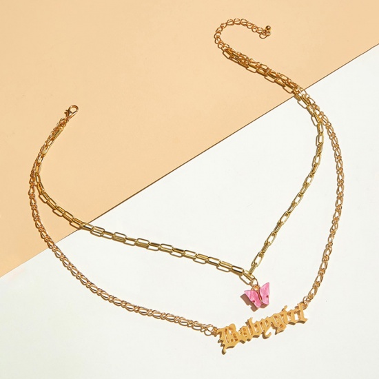 Bild von Bindeglied Mehrschichtige Halskette Vergoldet Lila Schmetterling Message " Baby Girl " 40cm lang, 1 Strang