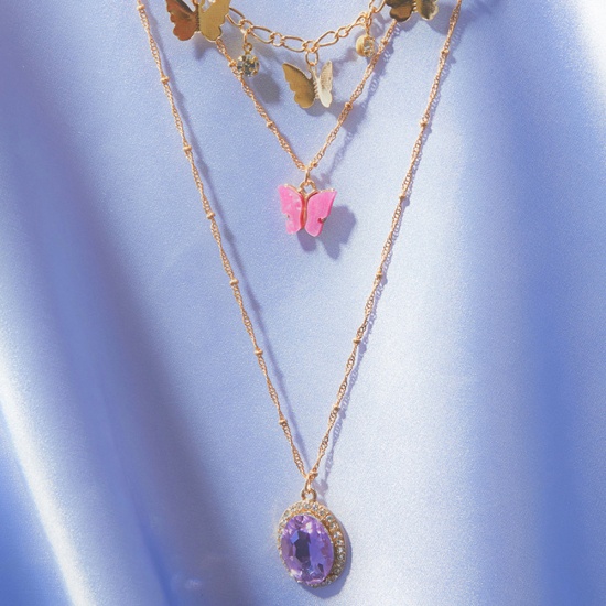 Imagen de Collar Múltiples Capas Chapado en Oro Mariposa Amatista Rhinestone 43cm longitud, 1 Unidad